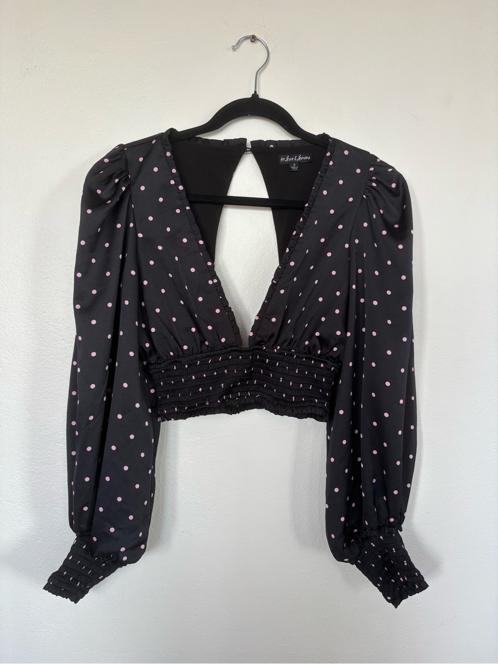 For Love & Lemons Carissa Black Crop Top Polka Dot Plunge Neckline Puff Sleeve